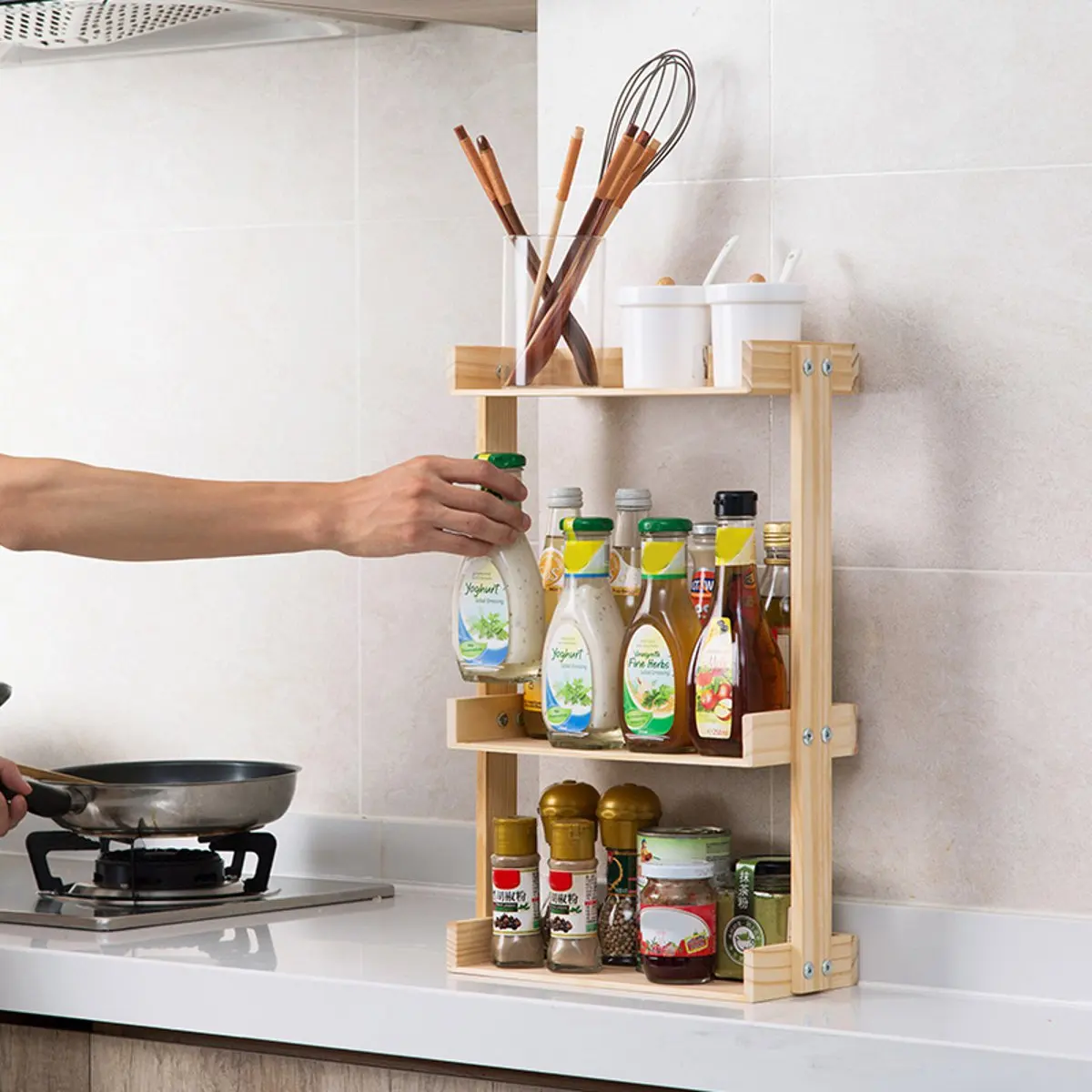 

Multifunction Wooden Storage Rack Holder Kitchen Organizer Shelf Kitchen Seasoning Utensils Storage Table Rack Stand Tools