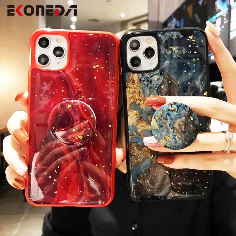 

EKONEDA Phone Holder Case For iPhone XR X 11 Pro XS Max 6 6S 7 8 Plus Gold Foil Vintage Marble Case Luxury Soft Back Cover