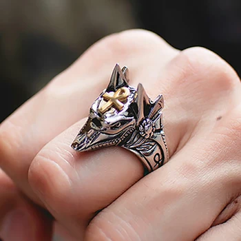 

New Style Men's Fashion Cross Wolf Head Ring Retro And Old Craft Ring Self-defense Protection Animal Pattern Alloy Jewelry