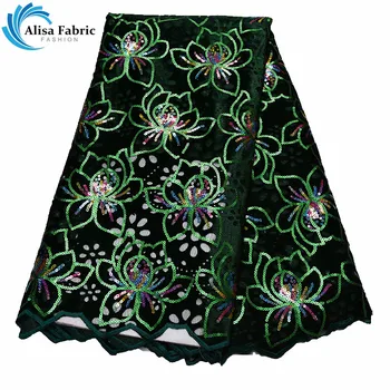 

Alisa New Arrived African Velvet Lace Fabrics 5 Yards/pcs 2019 Green Lace Design French Lace Fabrics For Fashion big occasion