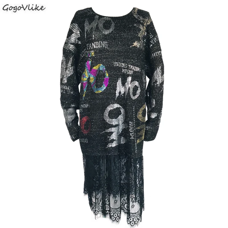 

Lace Patchwork Sweaters Women 2019 New Spring Black Oversize Loose Full Sleeve Pullovers Gold Print Women Fashion Tide SA142S30