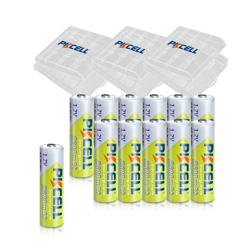 12Pcs PKCELL AA Rechargeable Battery NIMH 1.2V 2600MAH 1.2V 2A Batteries+ 3pcs Battery Boxes Holder Case