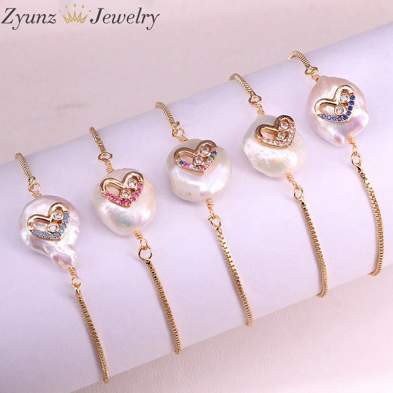 10 шт., модные женские жемчужные браслеты в форме сердца, ювелирные изделия, золотой cz цветной браслет с цирконом, регулируемый браслет-цепочка для женщин