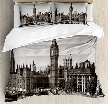 

London Duvet Cover Set Westminster with Big Ben and Bridge Nostalgic Image British Antique Architecture Bedding Set Sepia White