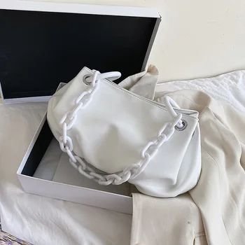 

Acrylic Chain Design Small PU Leather Bags For Women 2020 Simple Solid Color Shoulder Handbags Travel Armpit Bag Hand Bag