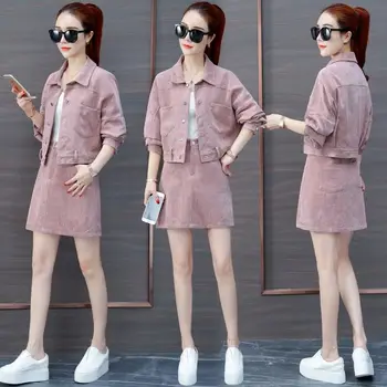 

2020 Spring and Autumn Corduroy 2 Piece Sets Women Slim Solid Short Fashion Jacket Coat + Elegant Mini Skirt Two Piece Set H189