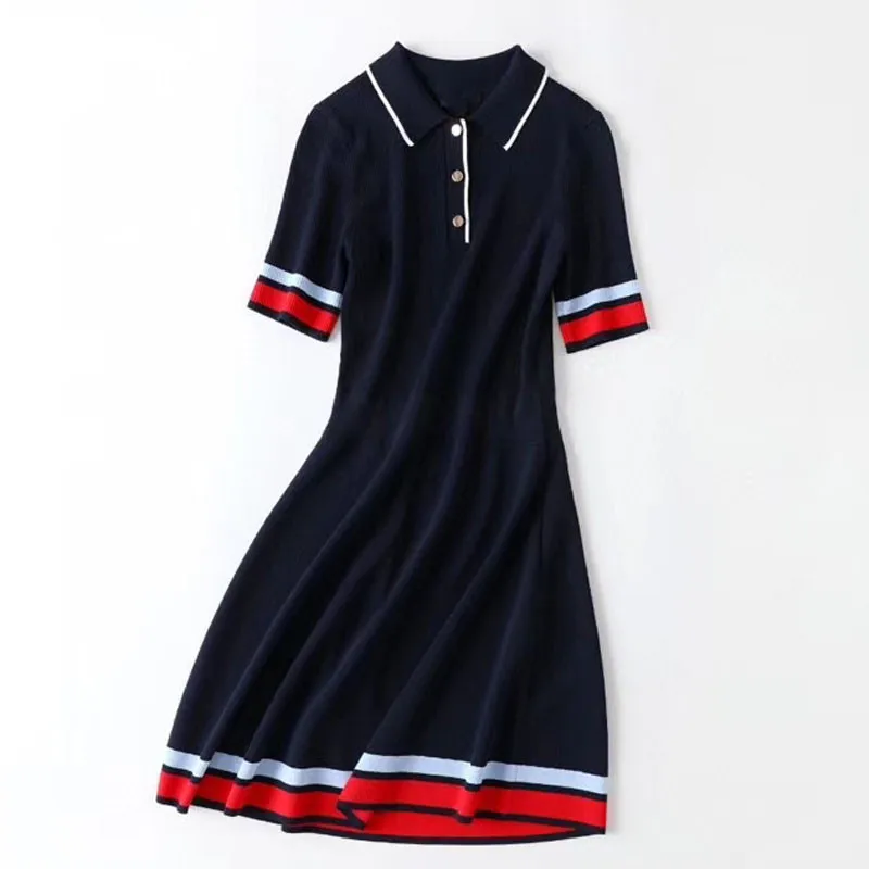 

Women Hit Color Knit Dress Slim Lady Turn Down Collar Short Sleeve Mini Dress