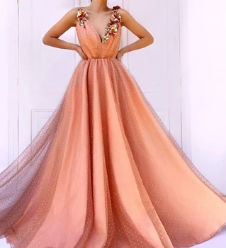 

New Arrival Muslim Evening Dresses 2019 A-line Deep V-neck Tulle Beaded Islamic Dubai Saudi Arabia Long Evening Gown Prom