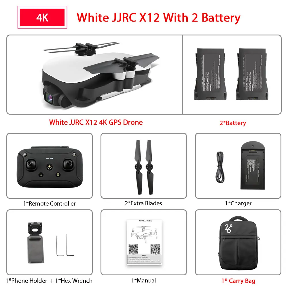 JJRC X12 Аврора 5G WI-FI FPV gps складной бесщеточный мотор RC Дрон Квадрокоптер с 4K со сверхвысоким разрешением Ultra HD, 3-осевому гидростабилизатору Камера RTF игрушка для детей - Цвет: 4K White 2Battery