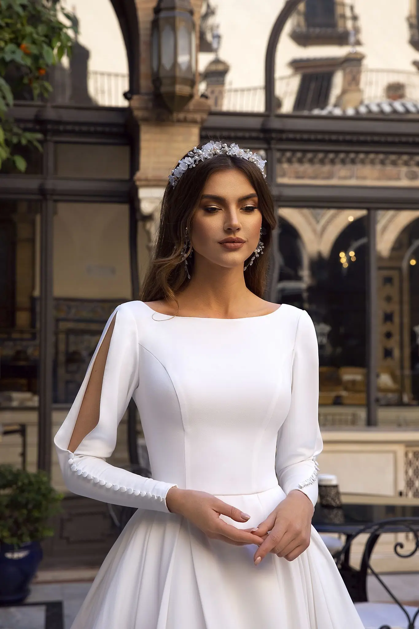 Vivian's Bridal винтажное свадебное платье трапециевидной формы отражающее платье с пуговицами и длинным рукавом Пышное простое свадебное платье со шлейфом