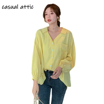 

Women Yellow Blouses Basic Selling Button Solid 2020 Long Sleeve Shirt Female Chiffon Women's Plus Size Tops