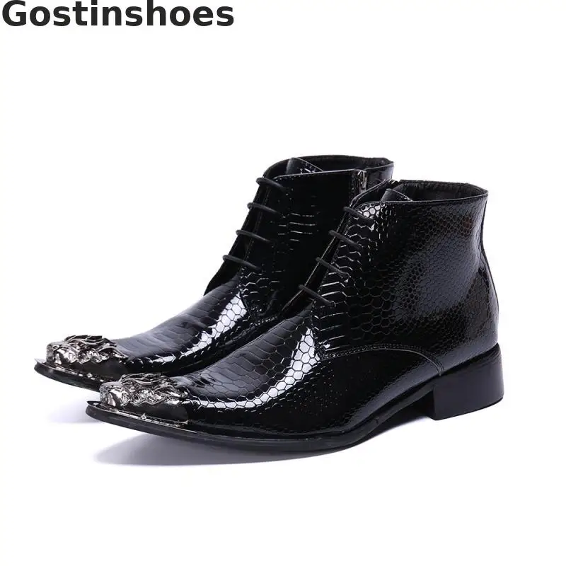

Men Boots Black Genuine Leather Snakeskin Printed Lace-up Men Ankle Work Boots Pointed Metal Capped Toe Fashion Men Short Boots
