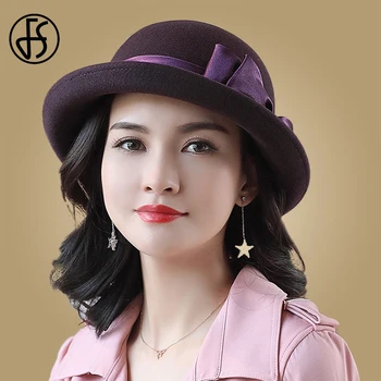 

FS Women 100% Wool Fedora Hat With Bowknot Purple Black Bowler Felt Hat Female Elegant Solid Warm British Cap Lady Autumn Winter