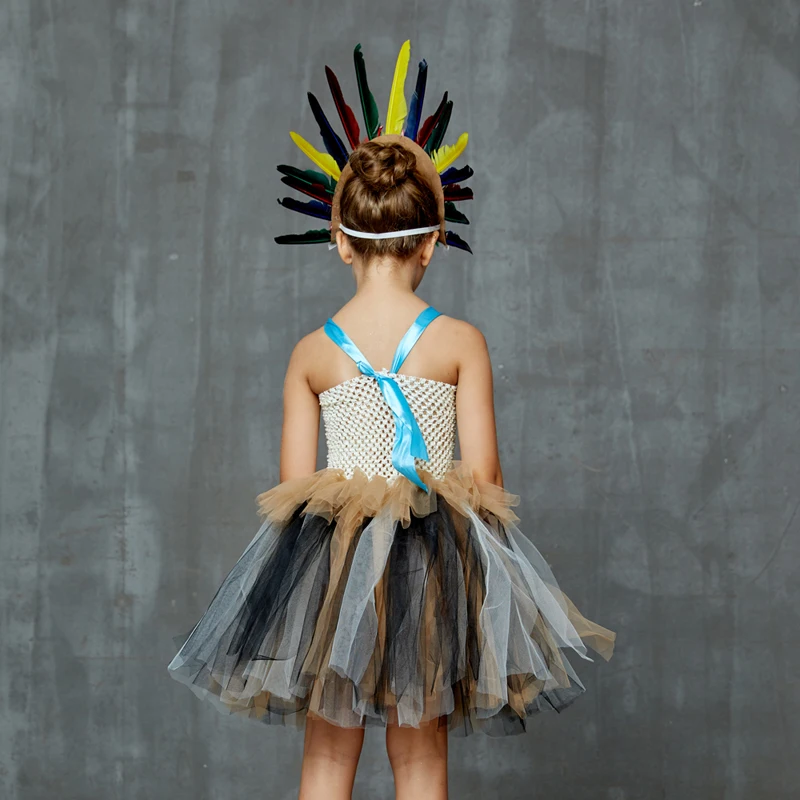 Indian Princess Pocahontas Girls Tutu Dress Kids Fancy Carnival Halloween Costume Handmade Children Party Tulle Dress