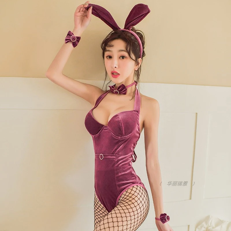 Purple velvet passion open crotch jumpsuit sexy cosplay rabbit girl student uniform woman bodysuit black lace bodysuit