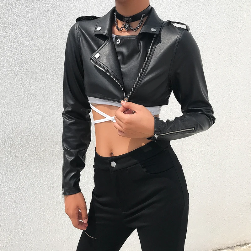 Goedkoop Iamhotty Zwart Pu Lederen Crop Jacket Street Wear Punk Stijl Vrouwen Jassen Lange Mouwen Turn Down Rits Korte Jas 2019 Fashion