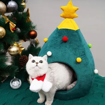 

Cat Christmas Tree Shape House Soft Warm Nest Bed For Puppy Cat Semi-Closed Pet House Winter Warm Sleeping Bed