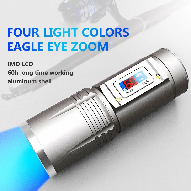 Ultra Bright Eagle Eye Zoom LED Light for Fish 18650 Waterproof Blue White Yellow Purple Flashlight Torch Digital Power Display
