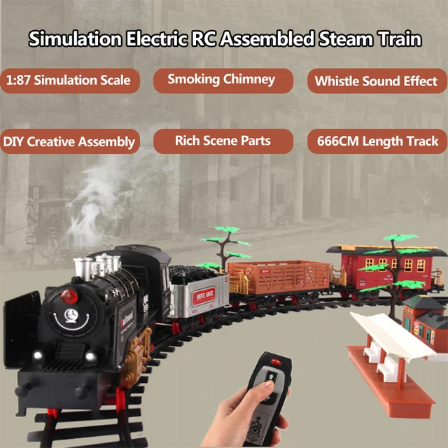 120CM Simulation Remote Control Steam Train 666CM Track DIY Assembly Whistle Sound Effect Smoking Chimney Railway Model RC Toys 1