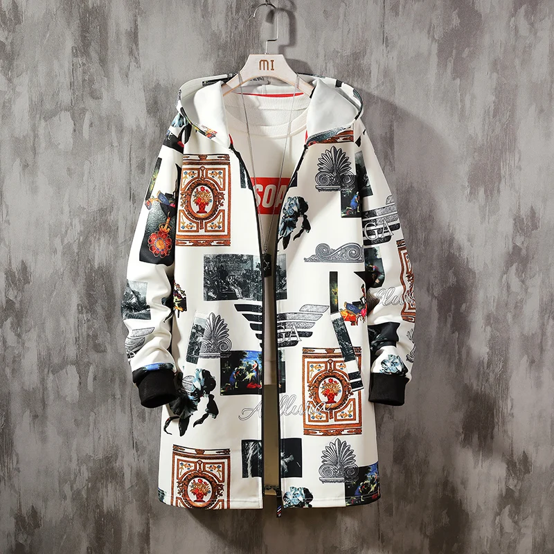 Loose Long Trench Coat Men Retro Print Style Hooded Overcoat Black Hip Hop Streetwear Spring Autumn Mens Jacket | Мужская одежда