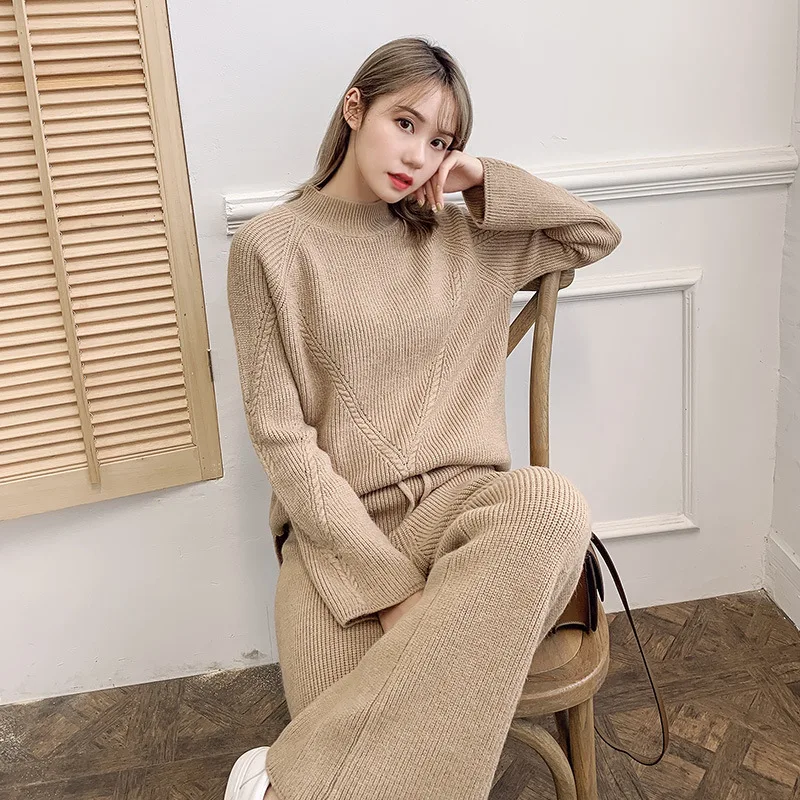 Knitted Women 2 Pieces Pant Sets Autumn Winter New Thicken Solid Warm Sweater and Wide Leg Pant Suits