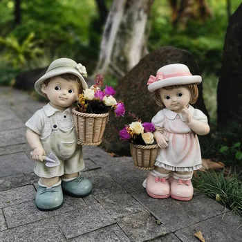 

Resin Craft Outdoor Decoration Home Figure Ornament Flower Garden Landscape Cartoon Kids with Flowerpot home decoration