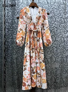 

Beautiful Long Dress 2020 Spring Summer Vintage Women V-Neck Charming Flower Print Tunic Buttons Deco Long Sleeve Dress Maxi