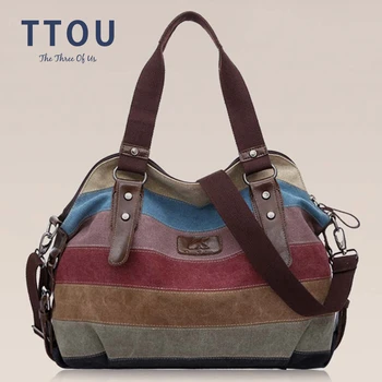 

Vintage Women Canvas Tote Ladies Casual Shoulder Bag Colorful Stripe Soft Shipping Bags Foldable Messenger Bag Crossbody Bags