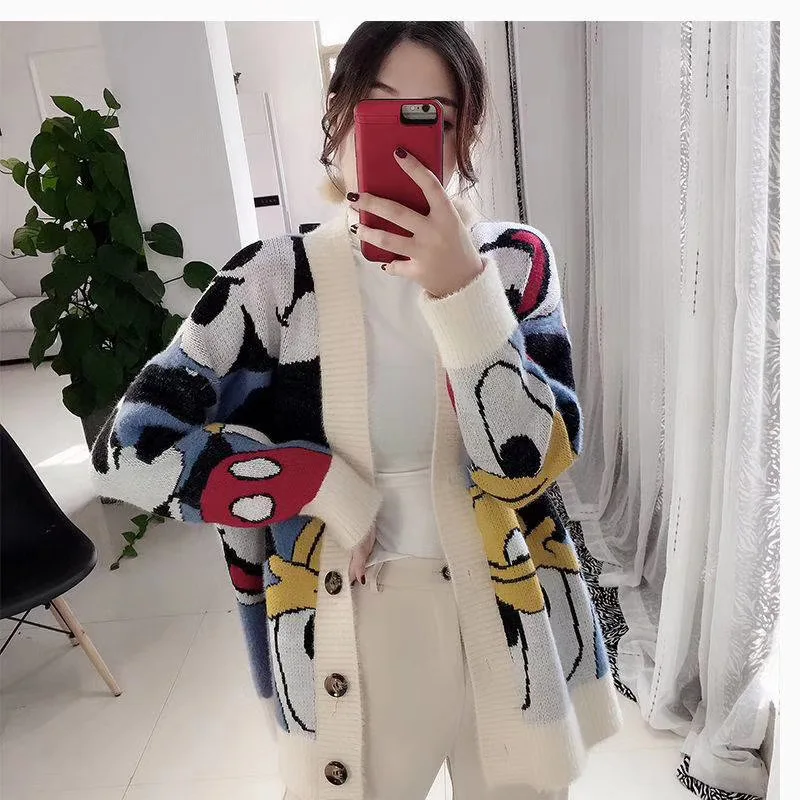 Disney Donald Duck Women Sweaters Cardigans Tops Button Office Lady Sweaters Autumn Spring New Knitted Sweaters Cartoon Loose