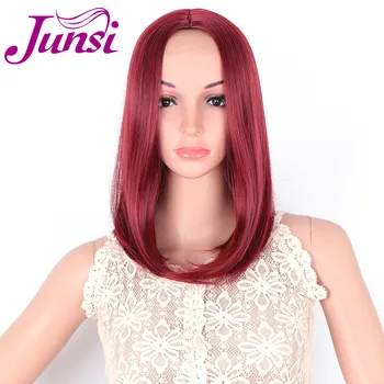 

JUNSI 16-inches Red Synthetic Wig For Women Straight Hairt Middle Length Bobo hair Wig