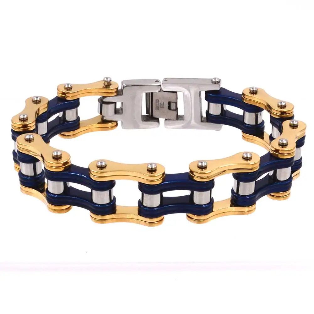 Панк-браслеты из нержавеющей стали 316L, мужские золотисто-синие мотоциклетные браслеты-цепочки, мужские велосипедные браслеты, ювелирные изделия, подарки