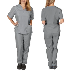 S-2XL 10Colors Quick Dry V-neck Short Sleeve Tops Loose Pants Solid Nurse Uniform Set Soft Working Polyester Outfits