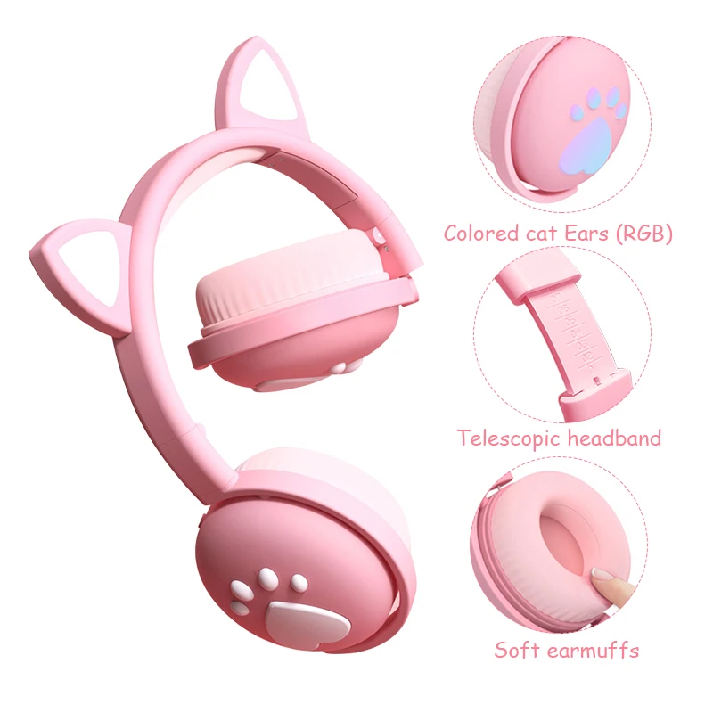7 1 Flashing Light Cute Cat Bluetooth Wireless Headphone With Mic Foldable Music Girl Kid Earphone with bracelet Storage bag