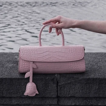 

Women Handbag 2020 New Alligator Pattern Vinatge Baguette Bag Solid Color Flower Decoration Casual Female A040