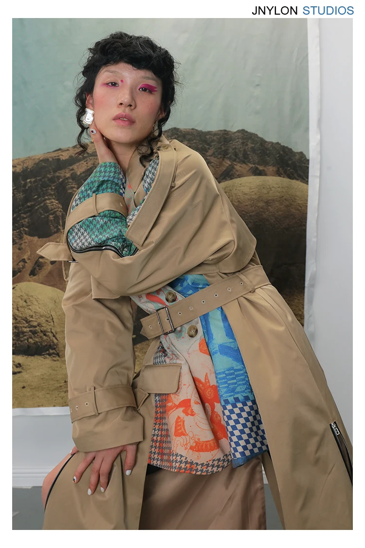 DEAT Autumn And Winte Turn-down Collar Patchwork Printed Maps Batwing Sleeves Waist Belt Female Trench Coat Loose WJ27004L