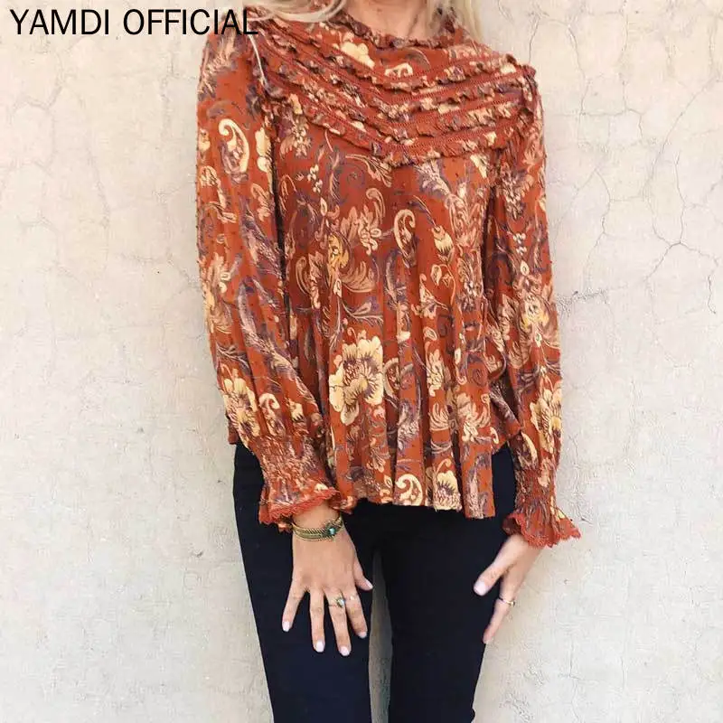YAMDI Новое поступление осень-зима блузка женская Для женщин Винтаж взлетно-посадочной полосы Chic с цветочным принтом рубашка Boho Laddy рюшами Пейсли Топы B