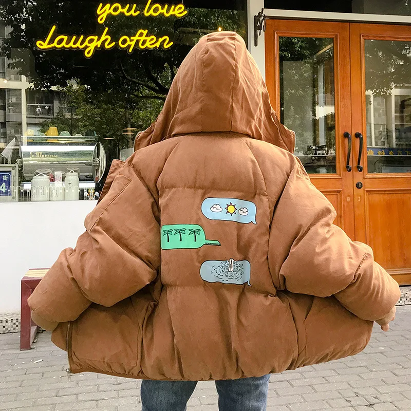

Photo Shoot 2019 Winter Thick Hooded down Coat Printed COUPLE'S College Style Cotton Coat Men And Women Students