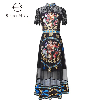 

SEQINYY Vintage Dress Flowers Print 2020 Summer Spring New Fashion Design Lace Mesh Bead Crystal Sequins Luxury Midi Dress