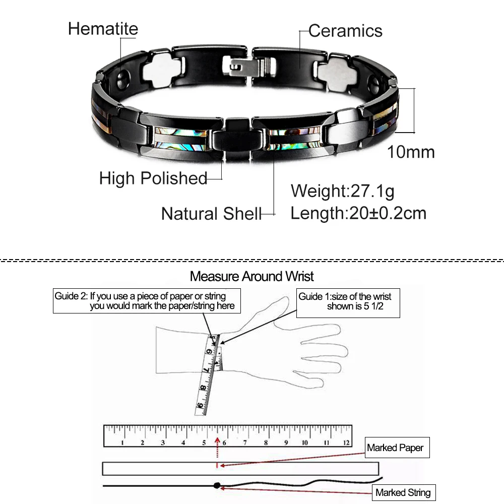 Anti-scratch Black Bracelets Homme Shell Health Energy Hematite Magnetic Jewelry Benefits Arthritis 10mm Ceramic Gift for Male