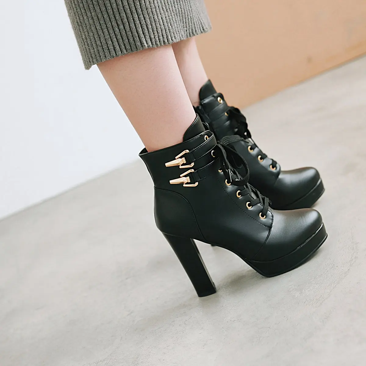 Pink White Black JK Uniform Womens Chunky Platform Ankle Boots Lolita Super High Heel Lace Up Boots Sweet Lace Side Zipper Shoes