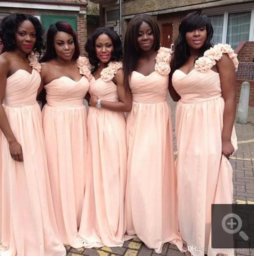 

SINGLE ELEMENT Custom Made Dress For Wedding One Shoulder Flowers Pleated Long Chiffon Bridesmaid Dresses