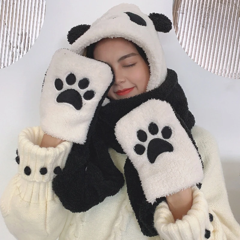 Cute Panda Hat Scarf Gloves 3-piece Set Plush Fluffy Cartoon Hat Women Winter Animal Paws Windproof Hoodie Cap Scarf Mitten 3