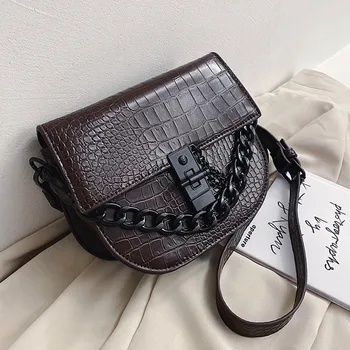 

Messenger Bag Women's For Bag 2020 New Crocodile Pattern Wide Band Saddle Bag Fashion Chain One Shoulder Handbag