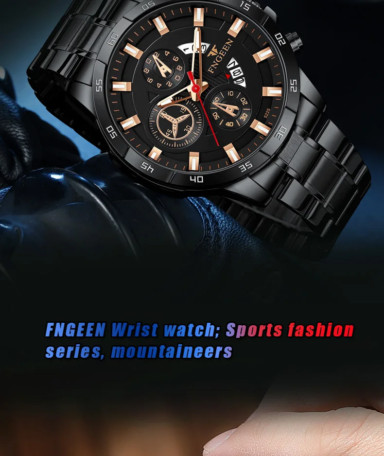 FNGEEN New Fashion Mens Watches Blue Stainless Steel Top Brand Luxury Sports Waterproof Quartz Watch Men Relogio Masculino