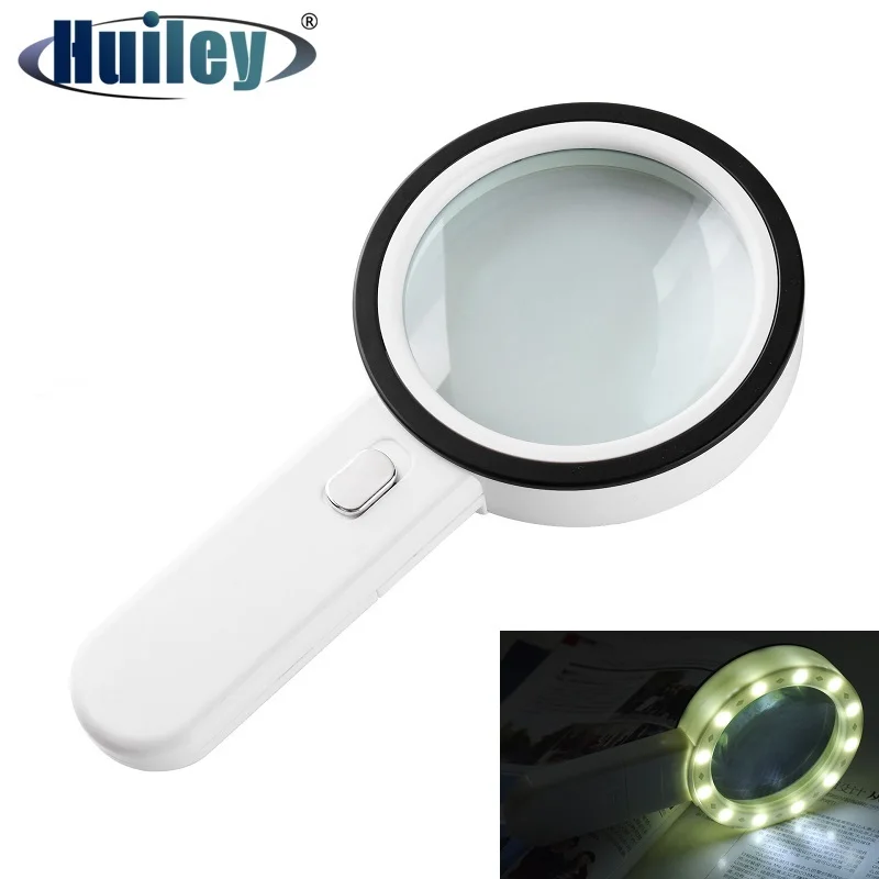 

10X LED Magnifying Glass Hand Held Illuminated Magnifier Lighting Large Lens Double Optical Glass Reading Collection Studying