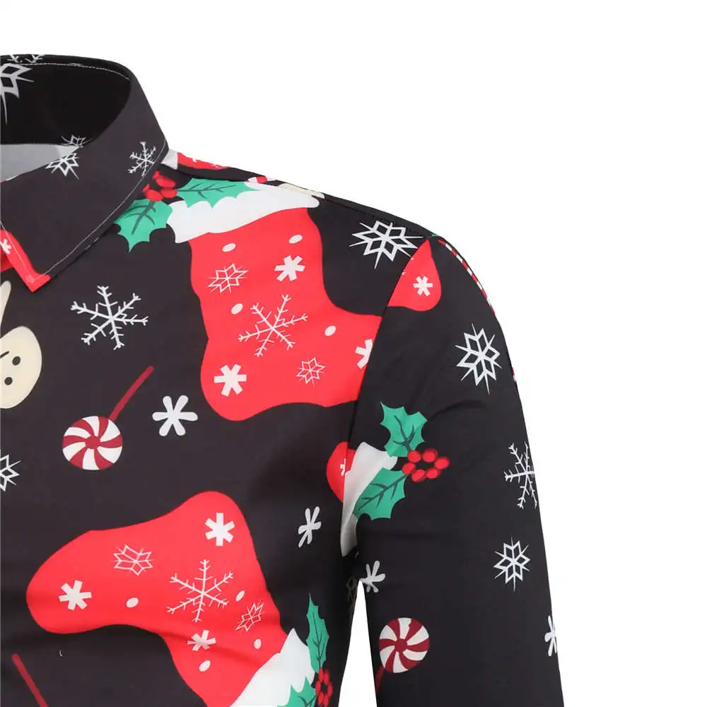 Camisa masculina мужская повседневная Рождественская рубашка со снежинками Санта-Клауса с принтом конфет Топ Блузка