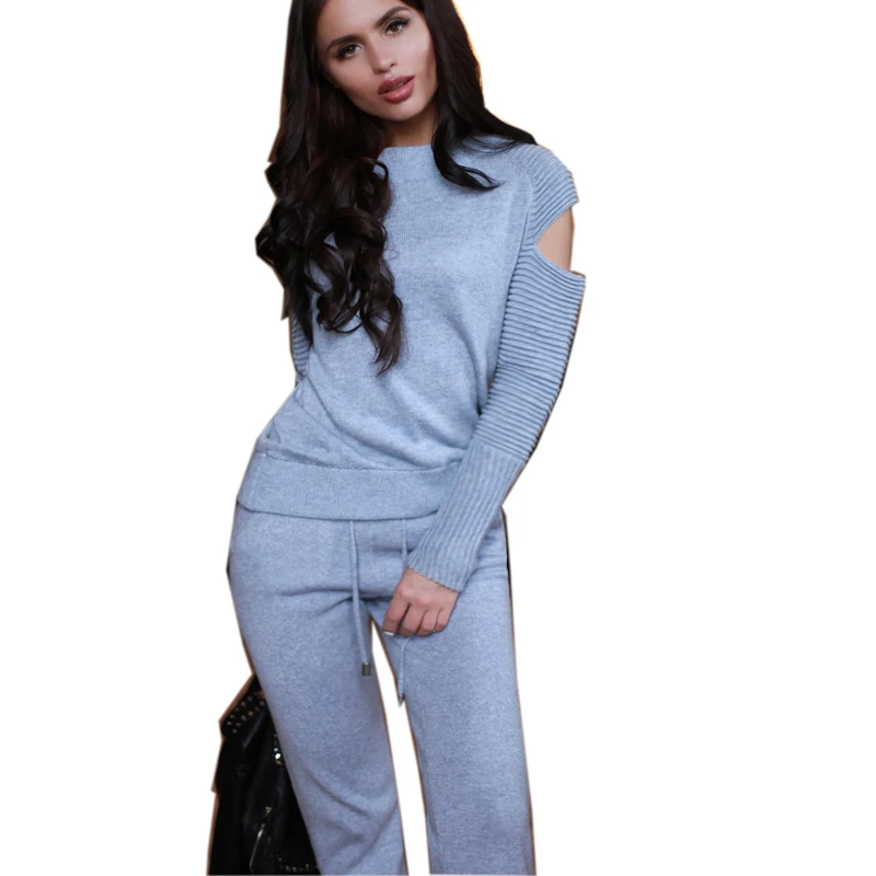 

2019 Sexy Shoulder Off Sweater Women Set 2 Piece Sweater Top And Pantalones Women Set Knitting Casual Women Tracksuits