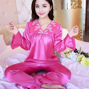 

Spring New Women's Pijama Simple Embroidery V-neck Faux Silk Fabric Long Sleeve pants Autumn Pajamas Set