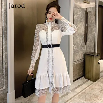 

Women Casual White Dress 2020 Runway Spring Sexy Lace patchwork Hollow Out Ruffles Club Wear Dress vestidos