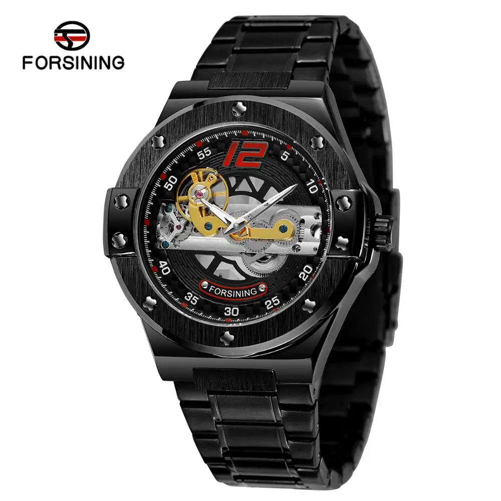 

FORSINING Luxury Brand Men's Watch Black Gold Stainless Steel Military Sports Watch Personality Dial Automatic Mechanical Watch